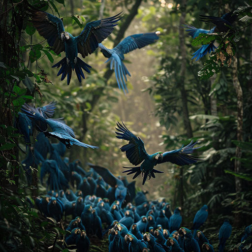 The Spix's macaw leading its flock through the forest canopy
