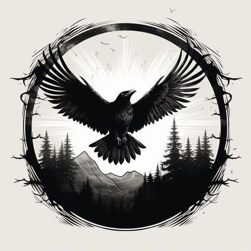 The crow flying into a circle in black and white