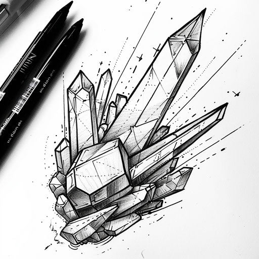 Flat tribal tattoo sketch of a raw crystal with bold black outlines and traditional motifs