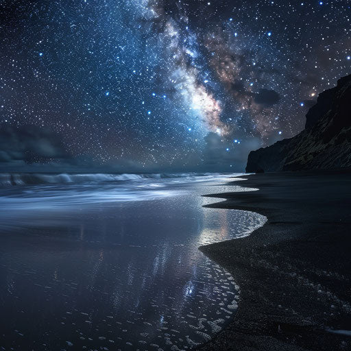 Black sand beach with stars reflecting on water
