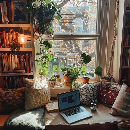 Working on laptop in cozy nook with books and plants