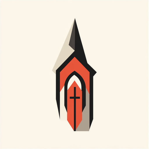 Modern church logo with unique stylized altar and professional typography, red and gray color palette, on flat cream background