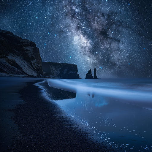 Black sand beach under the stars