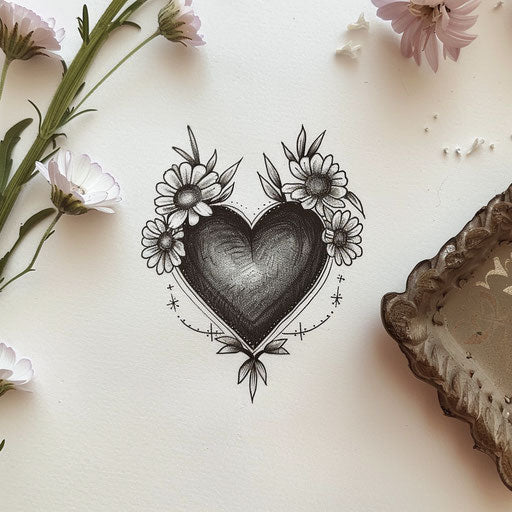 Lovely tattoo outline of a black heart with delicate daisies