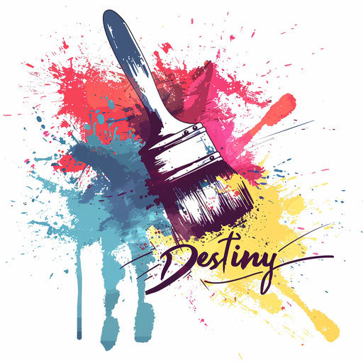Inspired tattoo sketch of a painter's brush with paint splatters forming "Destiny", in a palette of primary colors, in a creative clipart style
