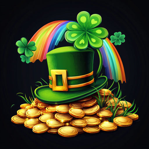 Shamrocks, pot of gold, and rainbow in the background