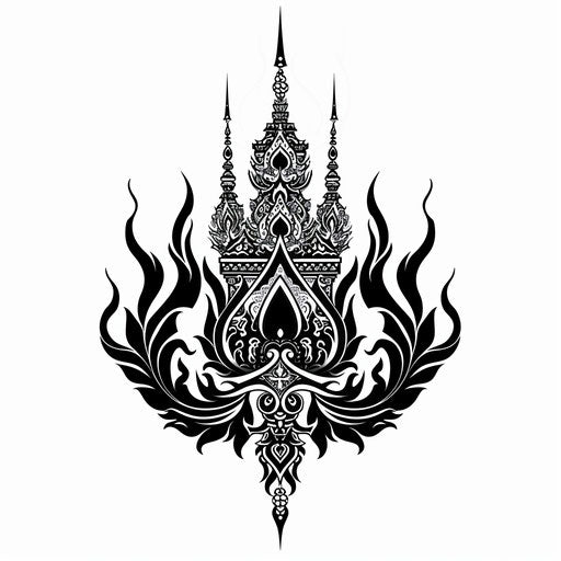 Classic flat tattoo sketch with traditional Thai motifs in black ink