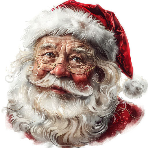 Realistic Santa face clipart, flat white background, dynamic shadows