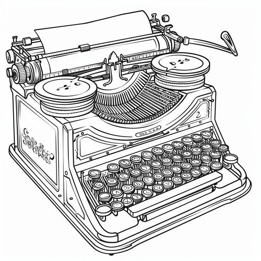 Vintage typewriter with detailed keys and paper. Coloring book page