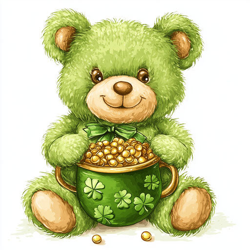 Green teddy bear with pot of gold on white background