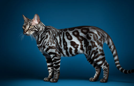 Bengal striped feline on blue background, dark silver and light maroon style