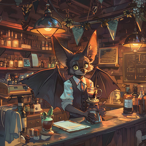 Bat barista in cozy café serving night-themed drinks