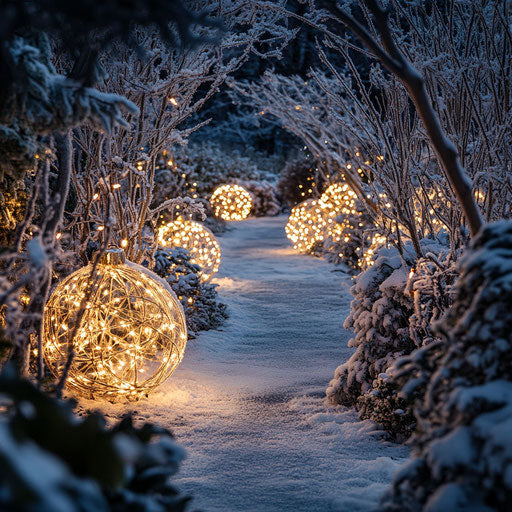 Garden path lined with large, illuminated Christmas bulbs