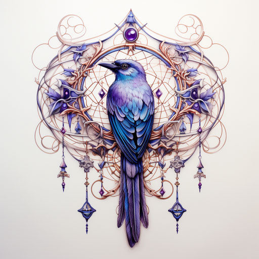 Blue bird with dream catcher on ivory background