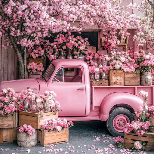 Vintage truck with pink roses in the trunk, photoshoot backdrop