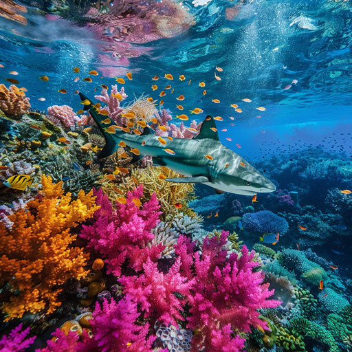 Tiger shark swimming near colorful coral reef