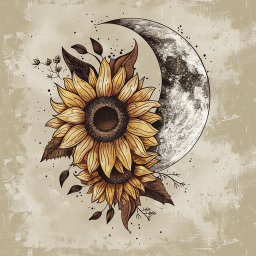 Rustic tattoo sketch of a sunflower and moon combo
