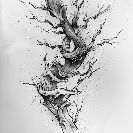Dynamic flat tattoo sketch of spreading roots with abstract flowing lines
