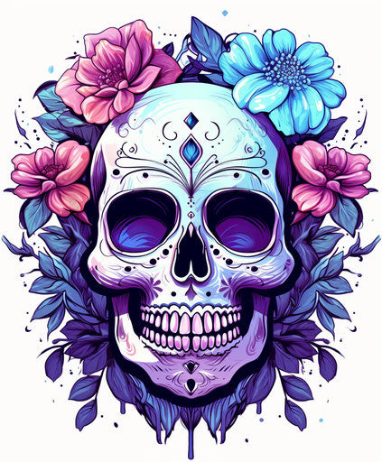 Purple sugar skull with blue flowers and floral tattoo
