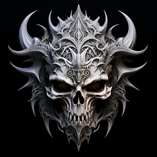 Spiky digital skull with serene faces and ritualistic masks