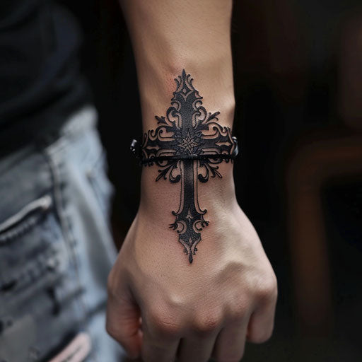 Men's wrist tattoos, gothic cross, Gerald Brom style
