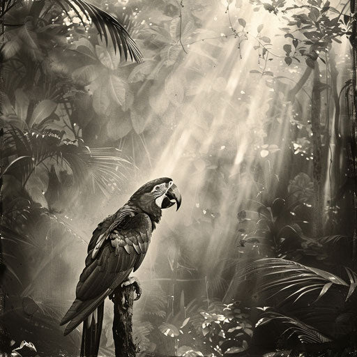 Macaw in a poetic black and white rainforest scene