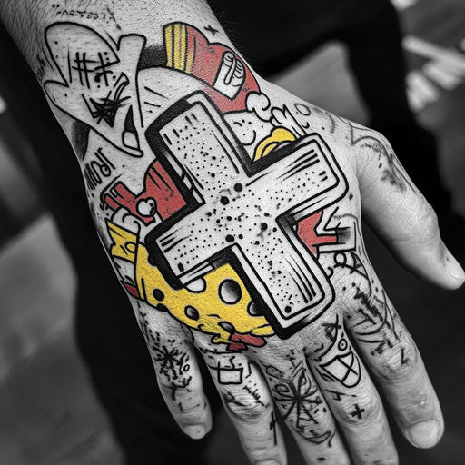 Cross tattoo on hand with comic book style graphics