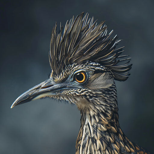 Detailed and dramatic studio portrait of a roadrunner bird