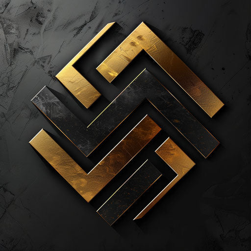 Modern logo in gold and black with a metallic background