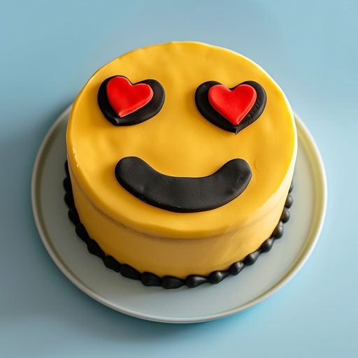 Yellow cake with red heart eyes and black smiley face