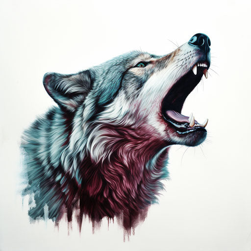 Howling wolf in light cyan and dark brown on white background