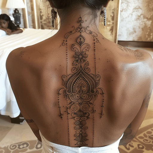 Elegant henna-inspired spine tattoo design