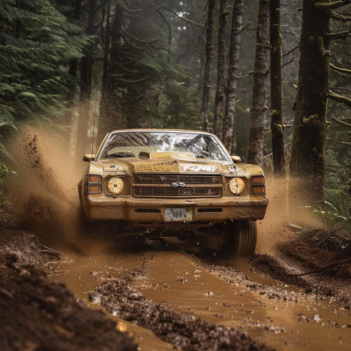 1976 Malibu Classic as a rally car, covered in mud, racing through a rugged forest trail.
