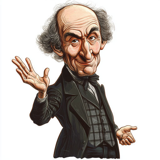 Humorous caricature of a John Stuart Mill caricature clipart with human characteristics, exaggerated chubby cheeks, long arms, detailed textures, vibrant colors, cartoon style, waving, high-resolution, no background, isolated -c 40