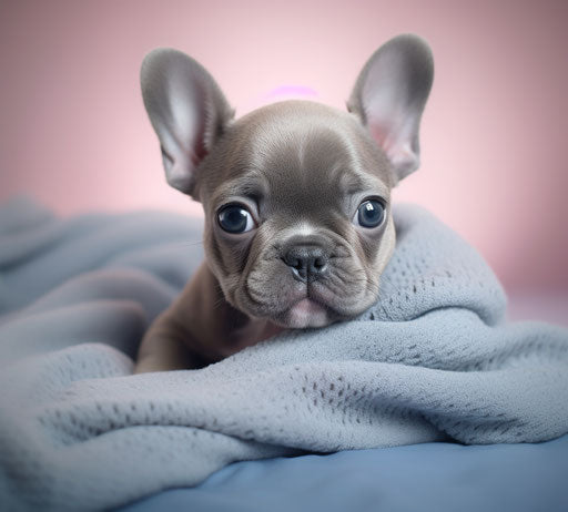 Little French bulldog puppy sitting on blanket