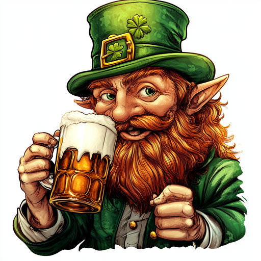 Leprechaun drinking beer for St. Patricks day, white background, clipart