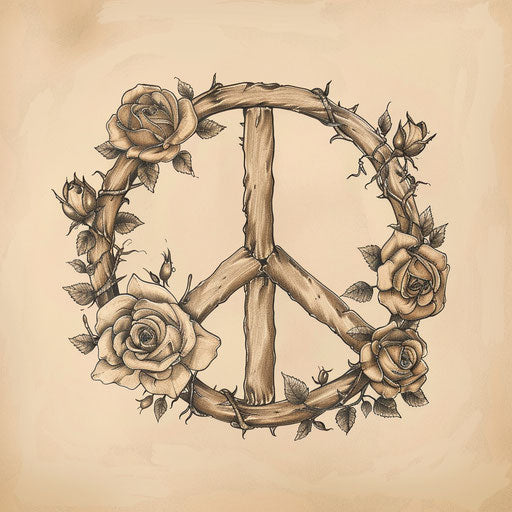 Vintage peace tattoo sketch with classic peace sign entwined with roses, in muted earth tones