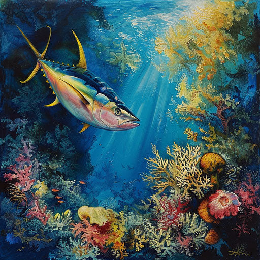 Solitary yellowfin tuna navigating through a vibrant coral reef