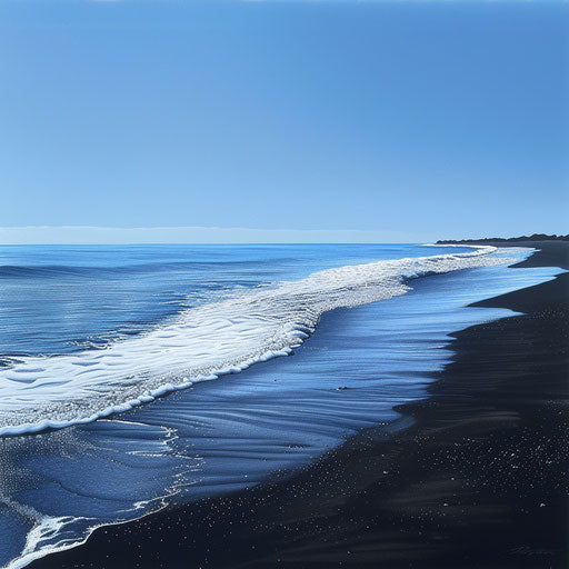 Black sand beach with gentle waves under a clear blue sky