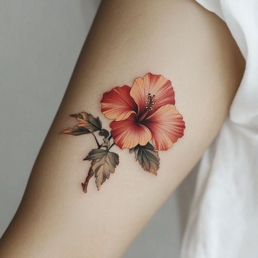 Hibiscus flower tattoo on a Pure White Background in the style of Gerald Brom on a bicep