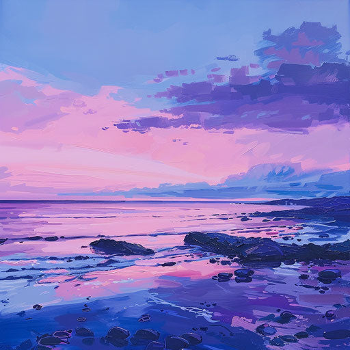 Rock beach at dusk with a pink and purple sky