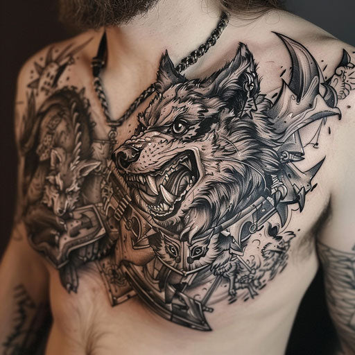 Mythical beasts patchwork tattoo in Glenn Fabry style