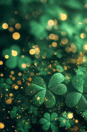 3D green shamrocks on gold bokeh background, digital art with glitter effect 29:44