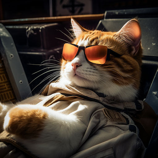 Orange and white cat in a cardboard box with sunglasses