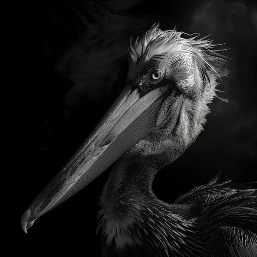 Pelican in high-contrast black and white setting