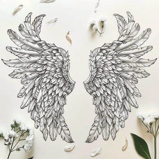Intricate angelic wings tattoo in white and gray