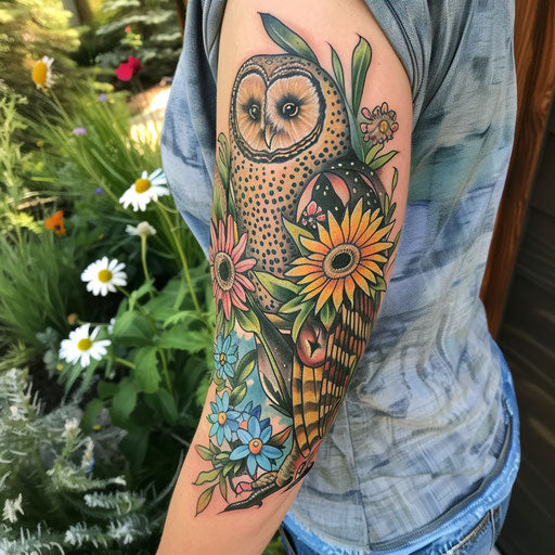 Wildflower tattoo with owl, nighttime colors, detailed owl, mysterious