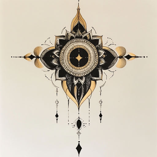 Flat tattoo sketch for women with geometric mandala in black and gold