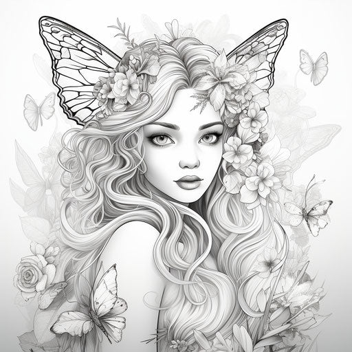 Coloring cards for kids with fairies, realistic yet ethereal style