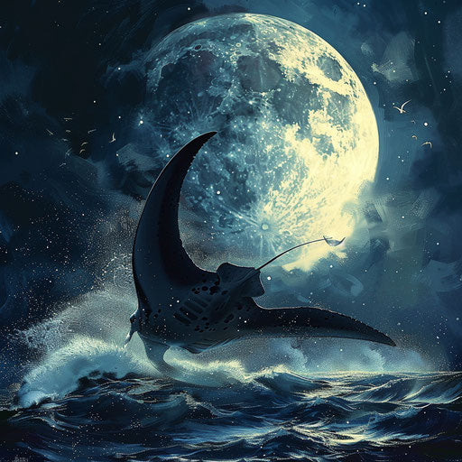 Manta ray leaping out of the water under the full moon